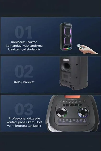  BTS-2121 RGB Işıklı 2x10’’ 80w*2 Taşınabilir Karaoke Bluetooth Hoparlör (2 Kablosuz Mikrofonlu)