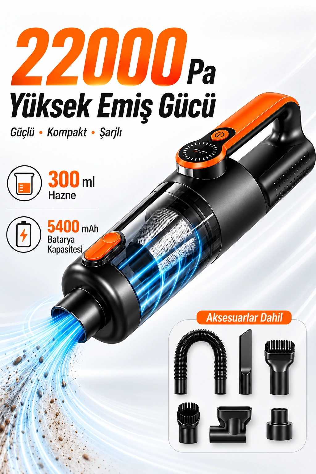 22.000Pa 110W Kablosuz Araç İçi El Süpürgesi – 5400 mAh, 6 Parça Aksesuarlı