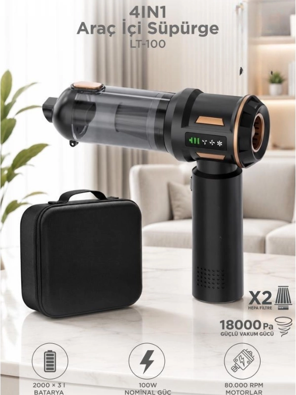 LT-100 18000Pa 100W Kablosuz Araç İçi El Süpürgesi 6000 mAh 3 Kademeli 9 Parça Aksesuarlı Çantalı