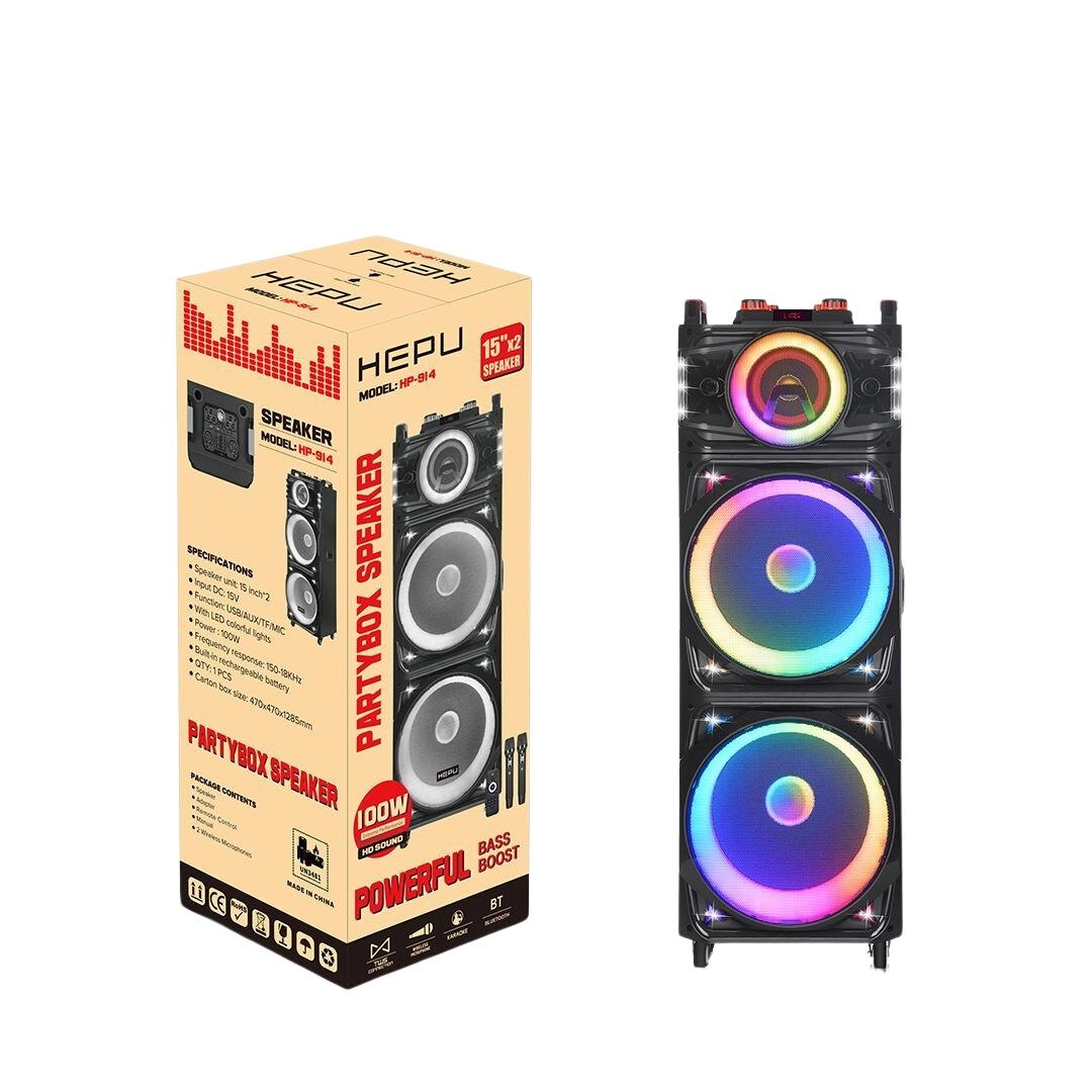 Hepu HP 914 Taşınabilir Bluetooth Parti Hoparlörü 100 W Rms 2* 12 inch Subwoofer Rgb Efektif Işıklandırma