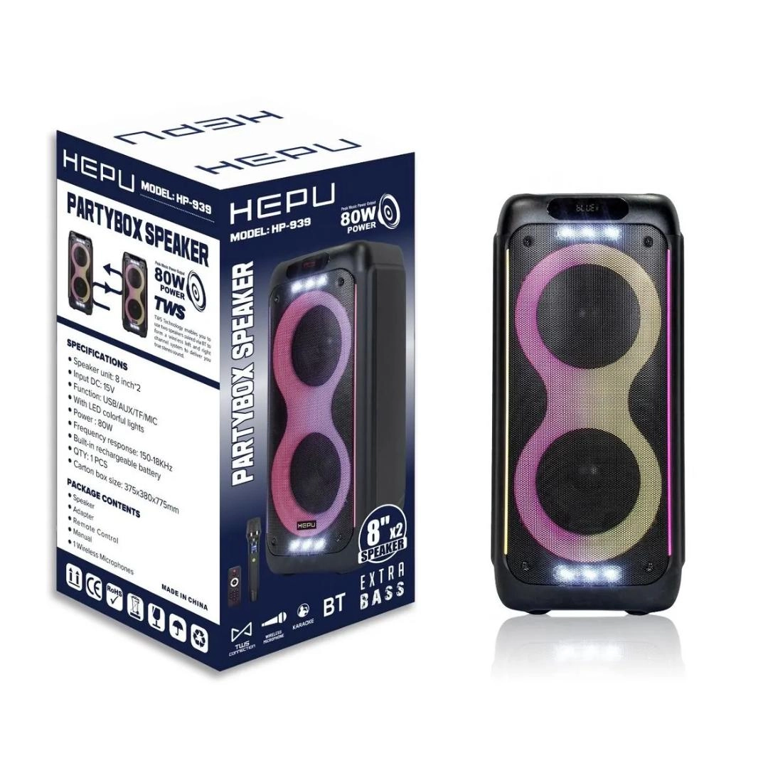 Hepu  HP 939 Taşınabilir Bluetooth Hoparlör 2*8 iİnc 80 W Rms Rgb Usb,Aux,Tf Kablosuz Karaoke