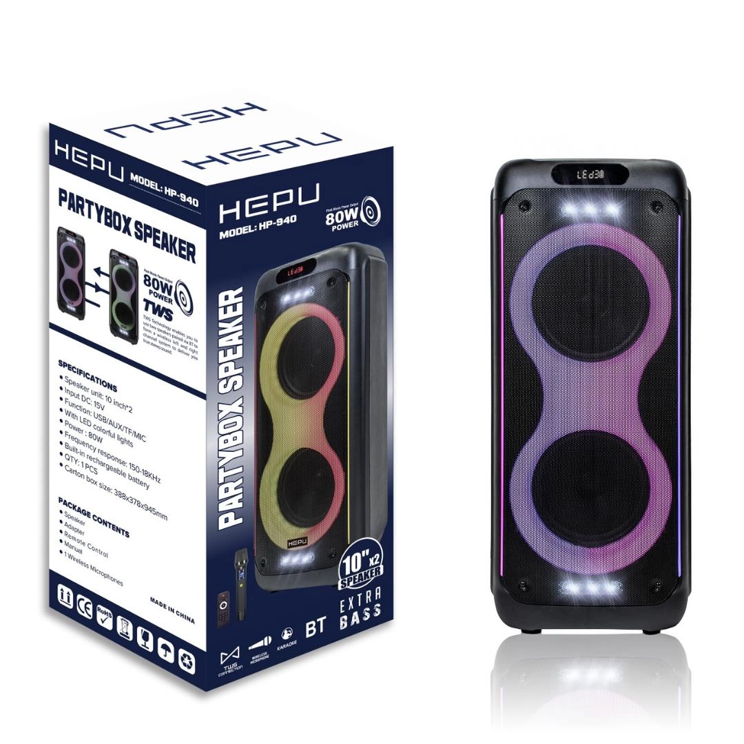 Hepu Hp 940 Taşınabilir Şarjlı Bluetooth Hoparlör 10*2 İnc Süper Bass 80 w Rms Rgb,Usb,Aux,Tf