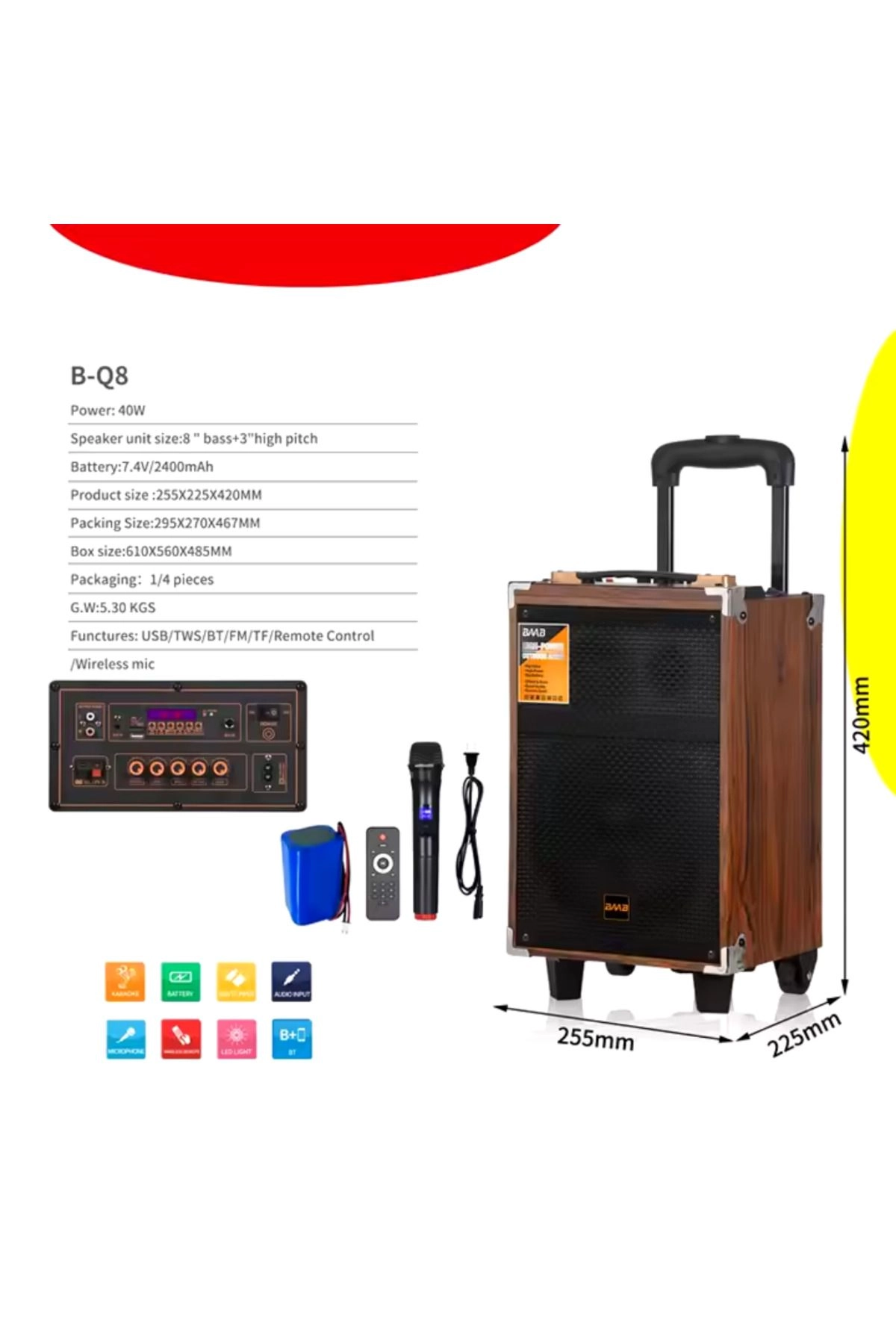 Baab B-Q8 Taşınabilir Ahşap Şarjlı Bluetooth Hoparlör 40 w Rms 8 inc Subwoofer