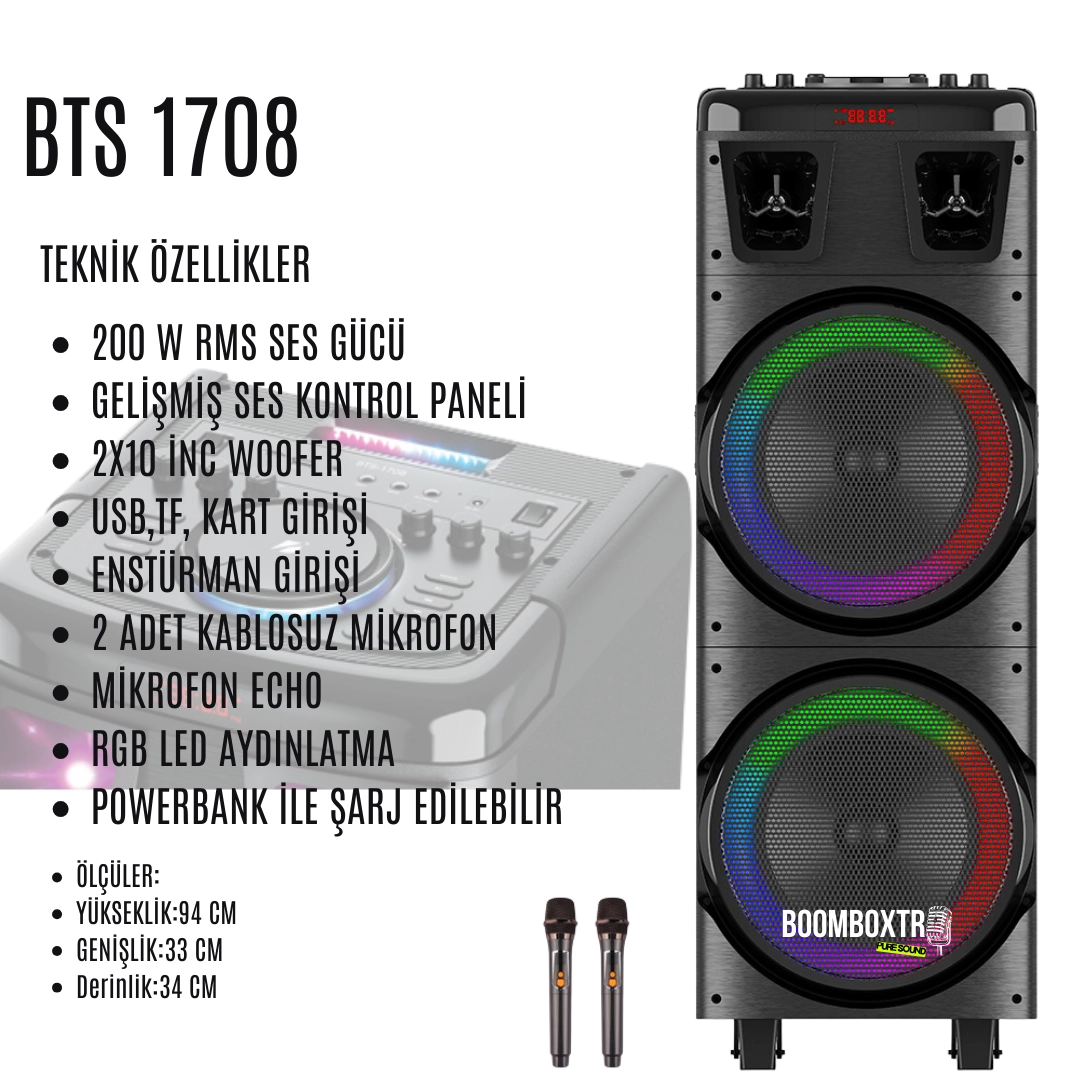 Bts 1708 Taşınabilir Bluetooth Hoparlör 200 w Rms - Boomboxtr