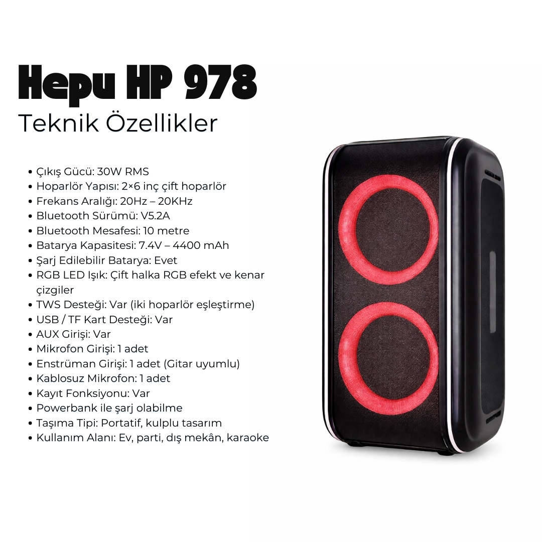 HEPU HP-978 Şarjlı Taşınabilir Bluetooth Parti Hoparlörü – 30W RMS Güçlü Ses, Çift 6 İnç Hoparlör, Mikrofon ve Enstrüman Girişli