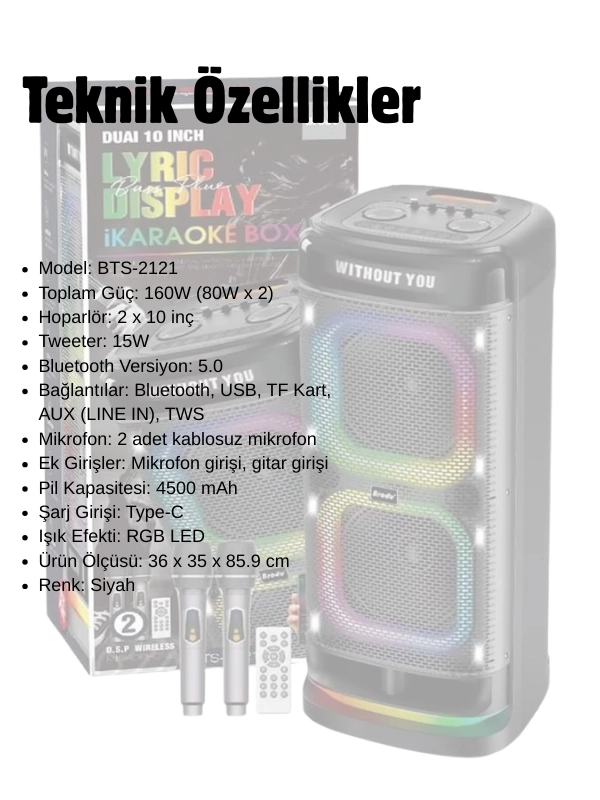  BTS-2121 RGB Işıklı 2x10’’ 80w*2 Taşınabilir Karaoke Bluetooth Hoparlör (2 Kablosuz Mikrofonlu)
