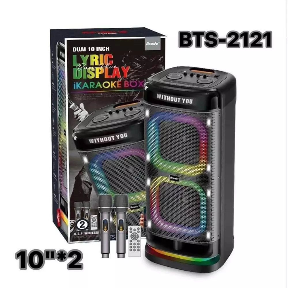  BTS-2121 RGB Işıklı 2x10’’ 80w*2 Taşınabilir Karaoke Bluetooth Hoparlör (2 Kablosuz Mikrofonlu)
