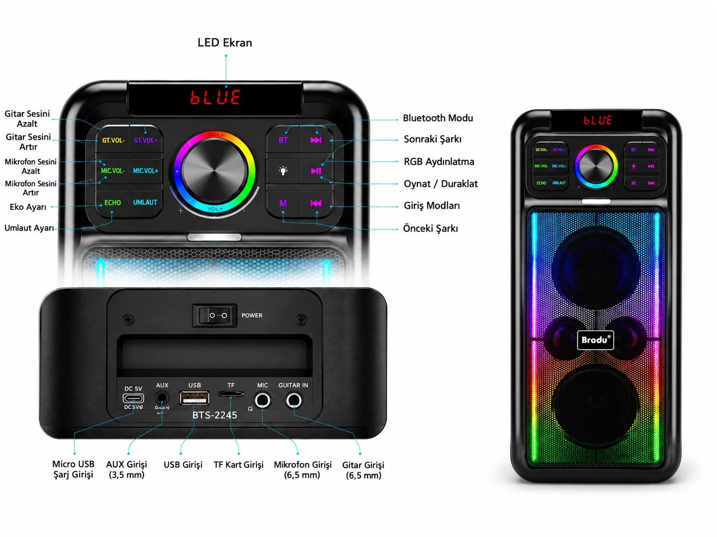 BTS-2245 80W RGB Işıklı Bluetooth Karaoke Hoparlör Kablosuz Mikrofonlu TWS USB TF AUX 2x4 İnç 