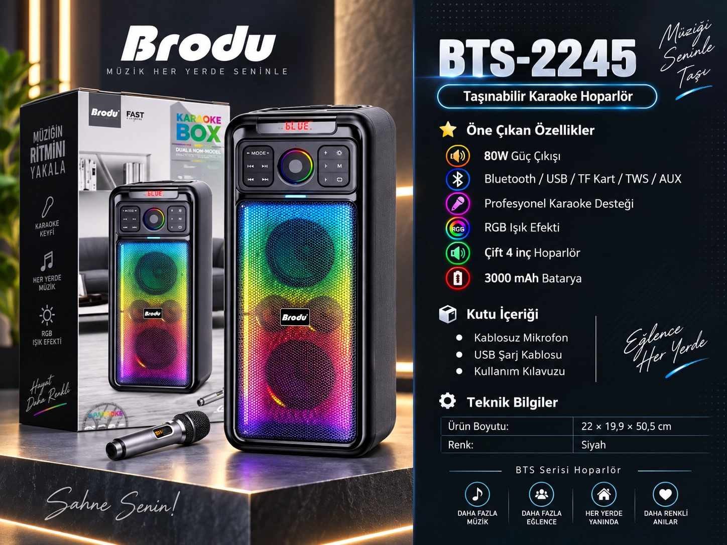 BTS-2245 80W RGB Işıklı Bluetooth Karaoke Hoparlör Kablosuz Mikrofonlu TWS USB TF AUX 2x4 İnç 