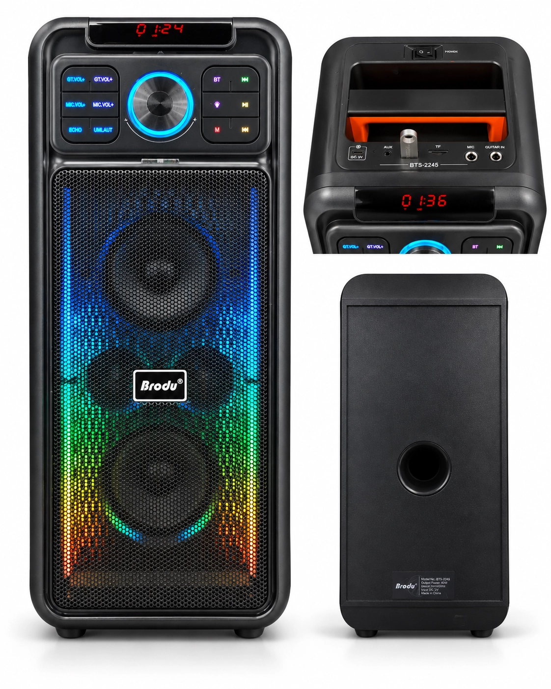 BTS-2245 80W RGB Işıklı Bluetooth Karaoke Hoparlör Kablosuz Mikrofonlu TWS USB TF AUX 2x4 İnç 