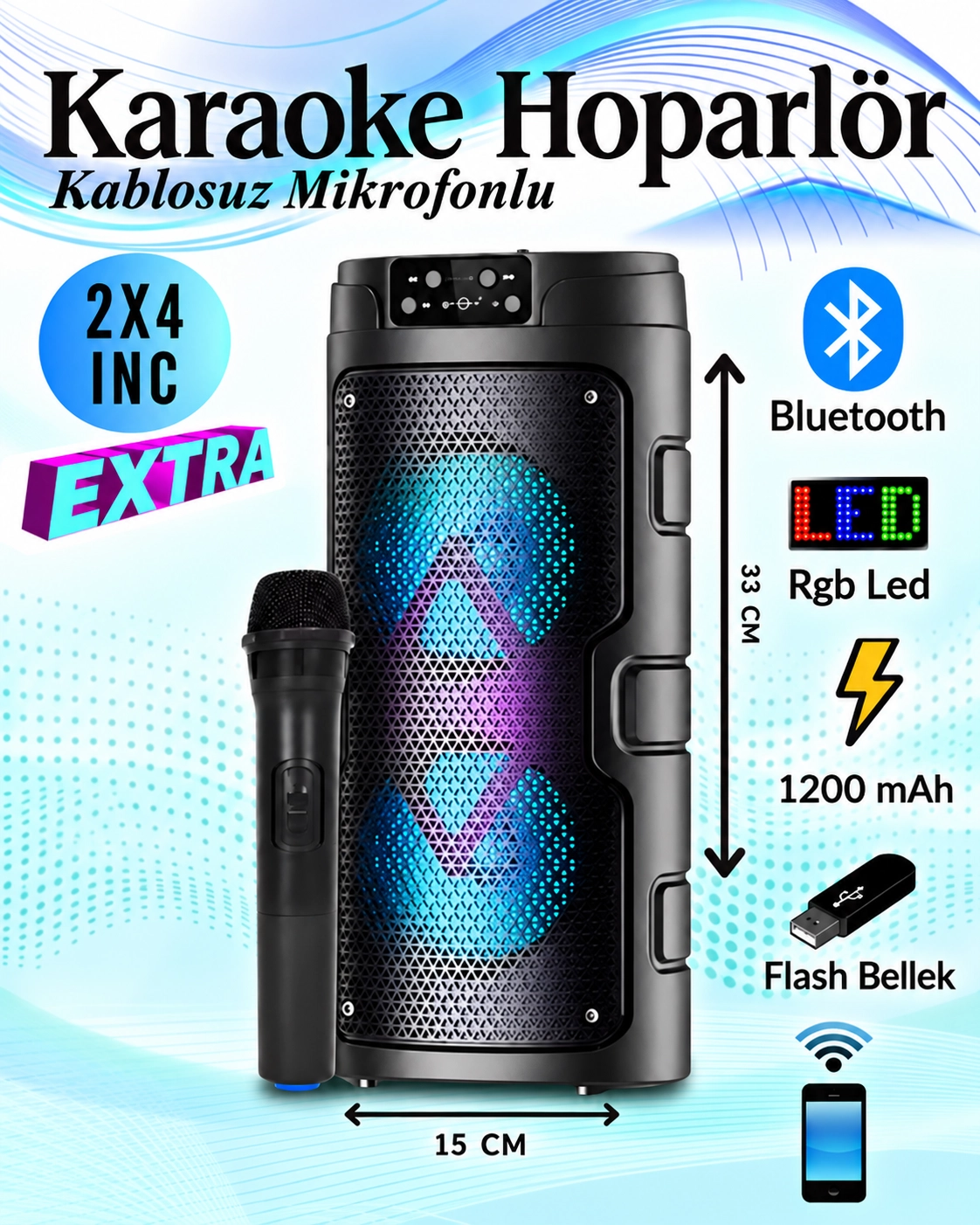  GTS-2129 Bluetooth Hoparlör Kablosuz Mikrofonlu Karaoke Speaker Ses Bombası RGB Işıklı