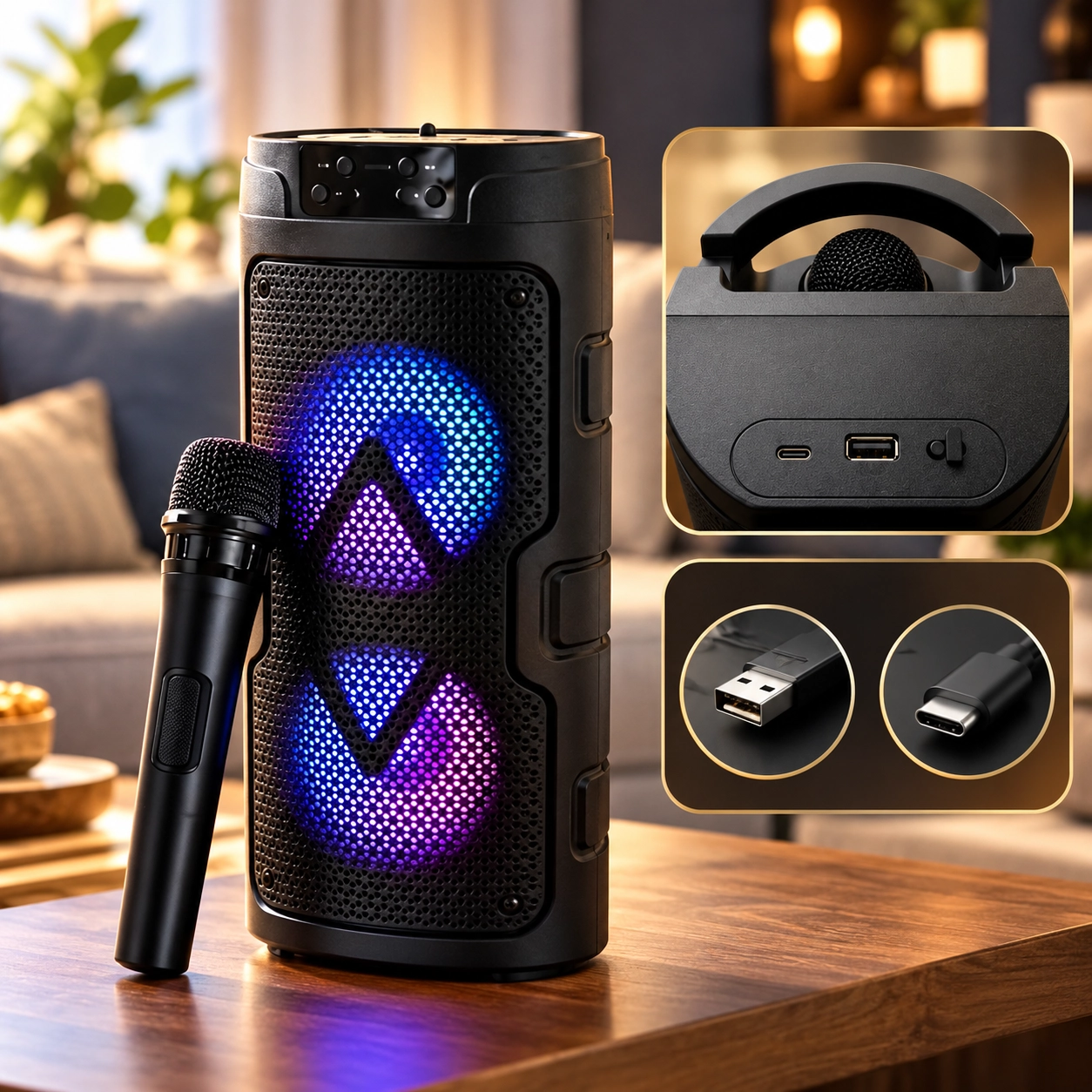  GTS-2129 Bluetooth Hoparlör Kablosuz Mikrofonlu Karaoke Speaker Ses Bombası RGB Işıklı