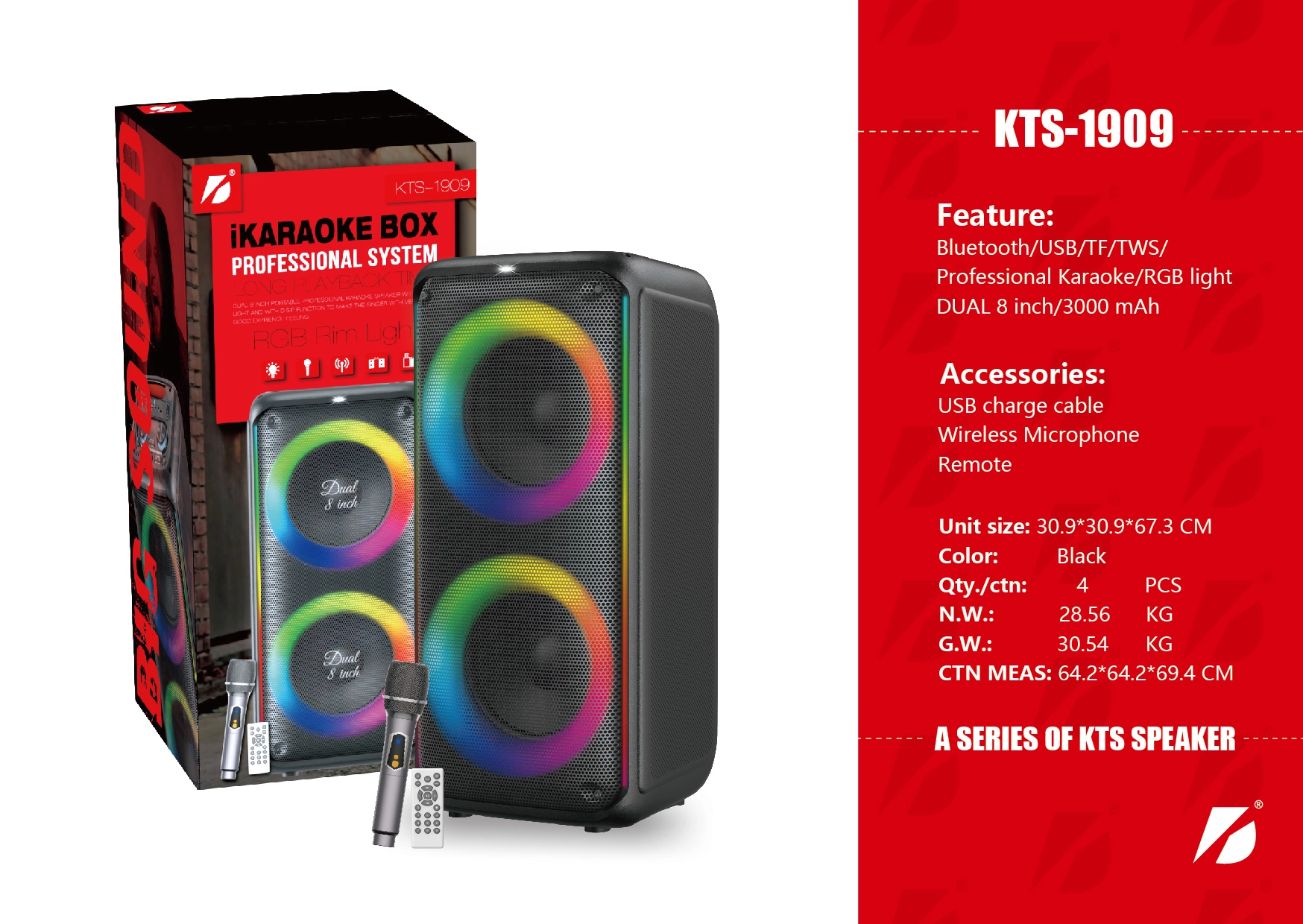 KTS 1909 Bluetooth Hoparlör | 60W RMS | 2x8” Woofer