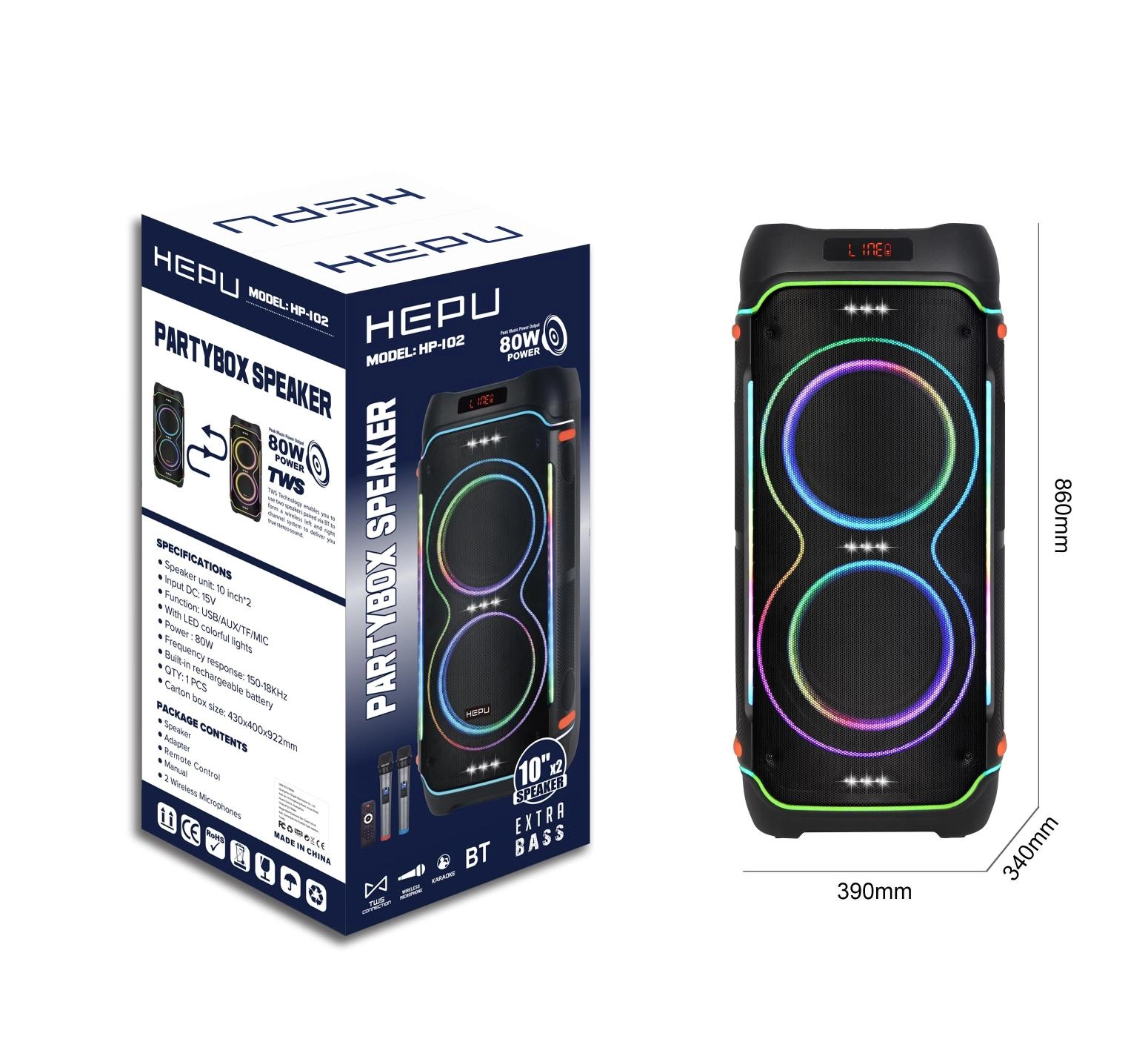 Hepu HP 102 Taşınabilir Şarjlı Bluetooth Hoparlör 2*10 inc Subwoofer Ultra Bass Muhteşem Ses Detayları Rgb Efektif Aydınlatma Usb Aux Tf 