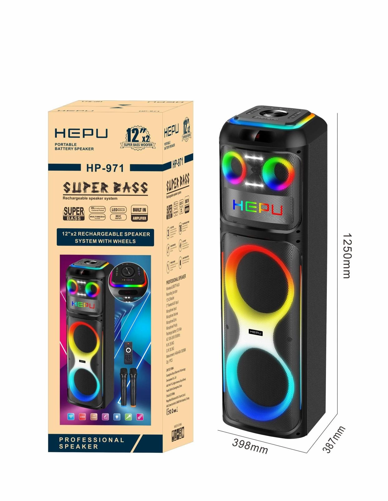 Hepu HP 971 Taşınabilir Şarjlı Bluetooth Hoparlör 100 w Rms Rgb Efektif Aydınlatma Süper Bass
