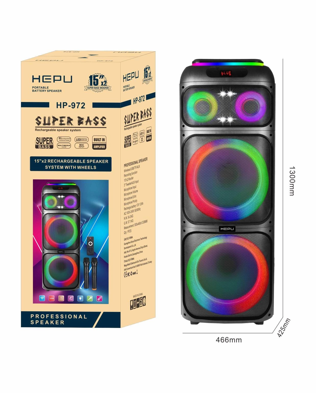 Hepu HP 972 Taşınabilir Bluetooth Hoparlör  100 w Rms 2*15 İnc Dev Boy Süper Bass 