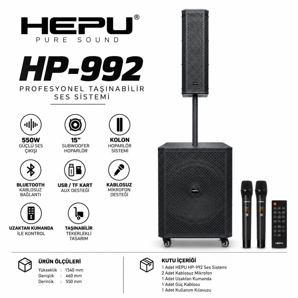HEPU HP-992 Profesyonel Taşınabilir Ses Sistemi – 15” Subwoofer, 550W Güç, Kablosuz Mikrofonlu