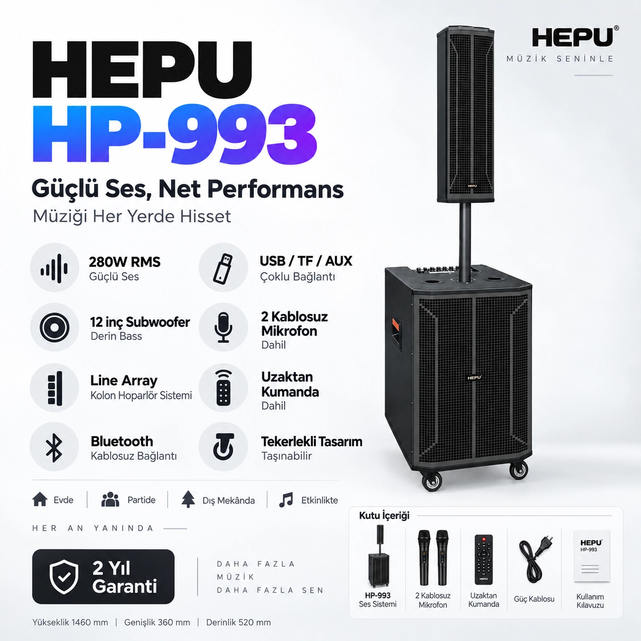 HEPU HP-993 Profesyonel Taşınabilir Ses Sistemi – 12” Subwoofer, 280W Güç, Kablosuz Mikrofonlu