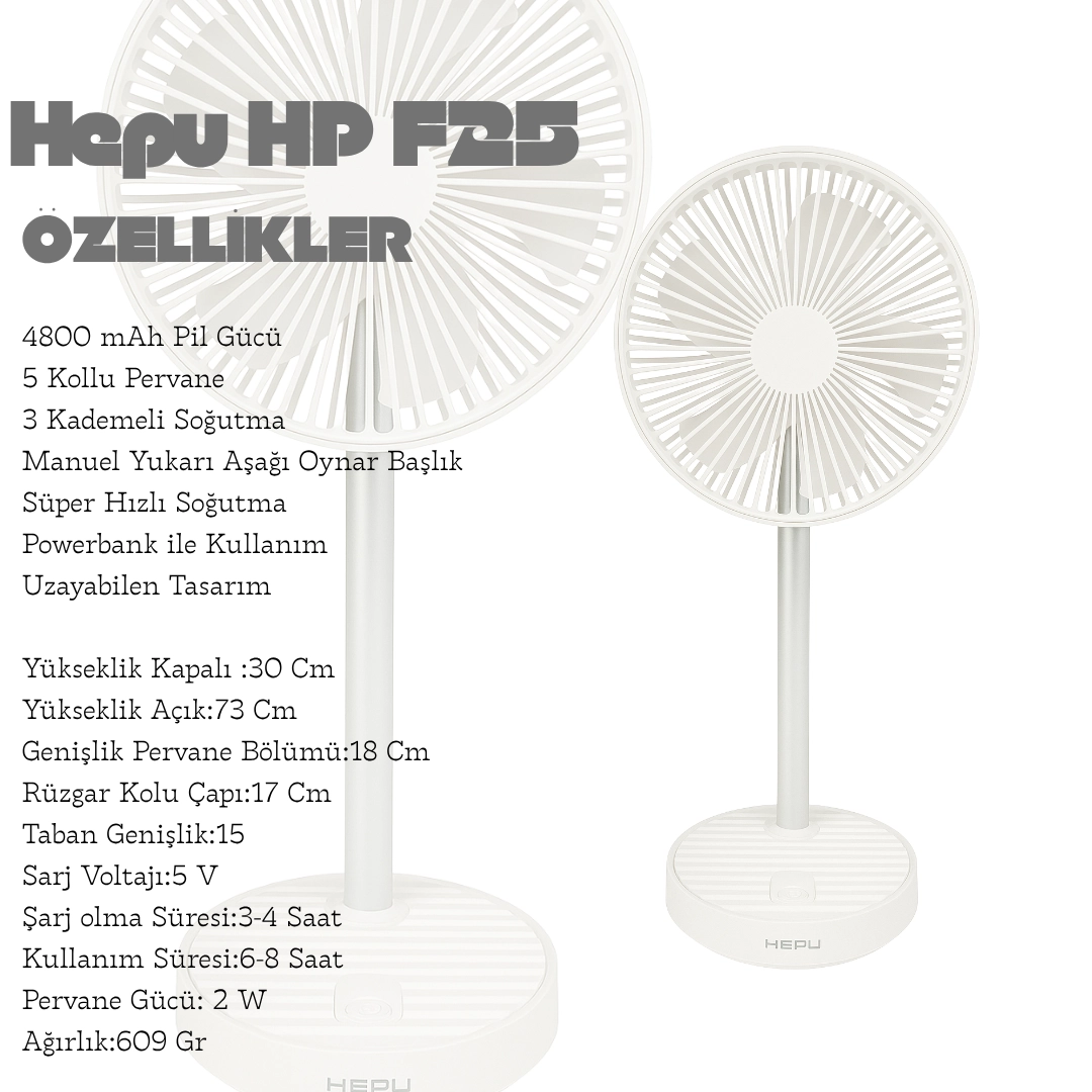 HEPU HP F25 Şarjlı Taşınabilir Masa Üstü Vantilatör 4800 mAh 5 Kollu Süper Soğutma 3 Kademeli