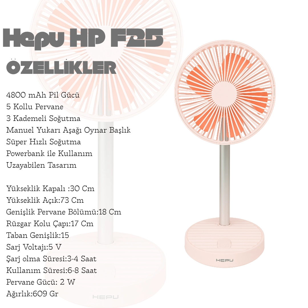 HEPU HP F25 Şarjlı Taşınabilir Masa Üstü Vantilatör 4800 mAh 5 Kollu Süper Soğutma 3 Kademeli