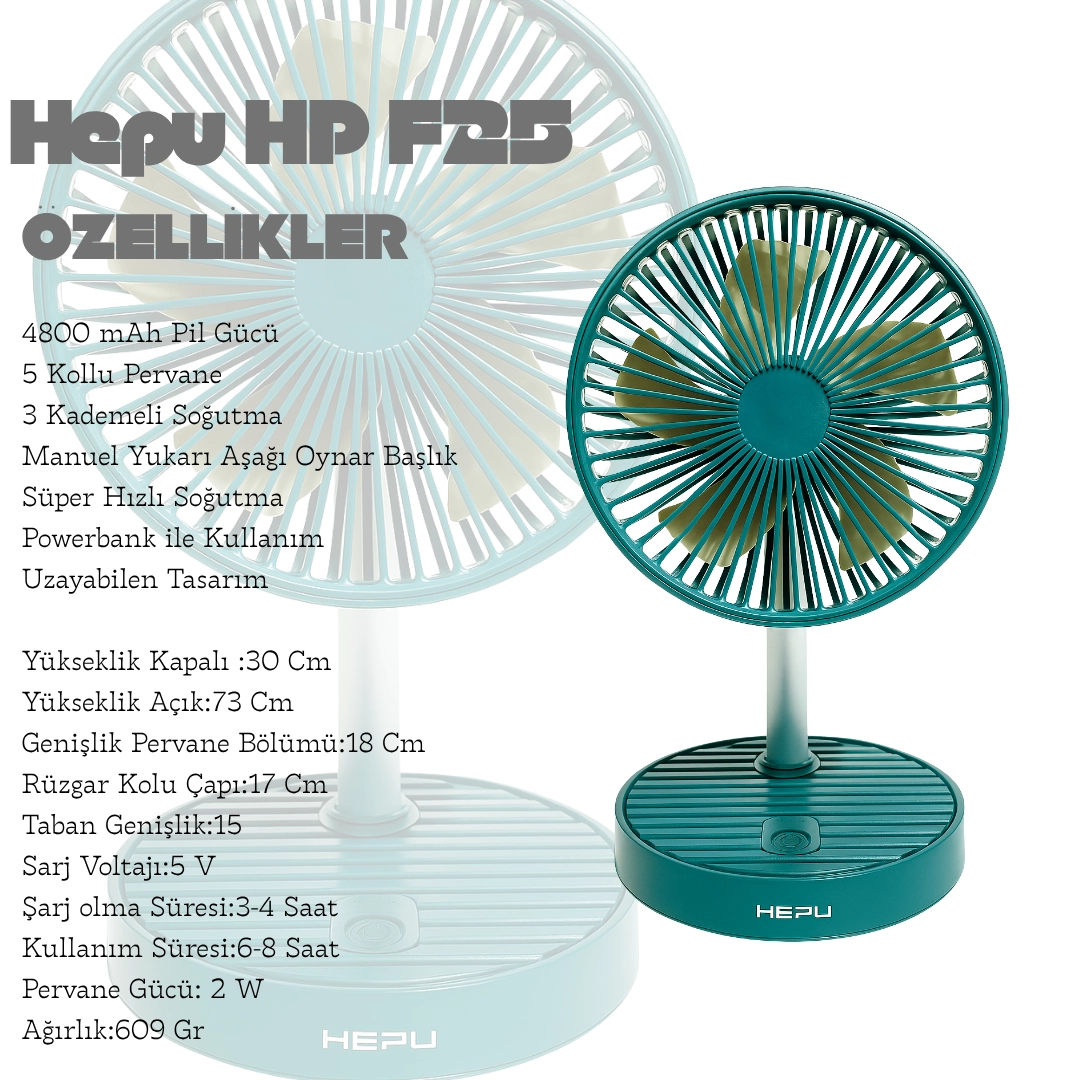 HEPU HP F25 Şarjlı Taşınabilir Masa Üstü Vantilatör 4800 mAh 5 Kollu Süper Soğutma 3 Kademeli