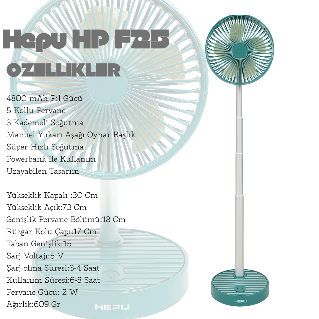 HEPU HP F25 Şarjlı Taşınabilir Masa Üstü Vantilatör 4800 mAh 5 Kollu Süper Soğutma 3 Kademeli