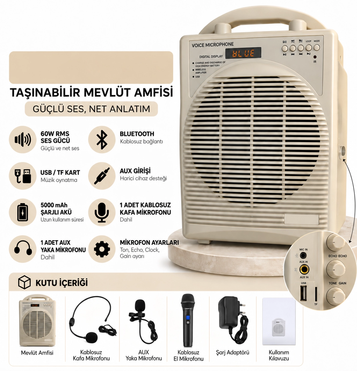 60W RMS Taşınabilir Mevlüt Amfisi Bluetooth Mikrofonlu Ses Sistemi