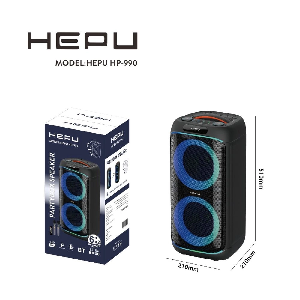 HEPU HP-990 Partybox Bluetooth Hoparlör – 2×6” Hoparlör, 40W Güç, RGB Işık, TWS Destekli