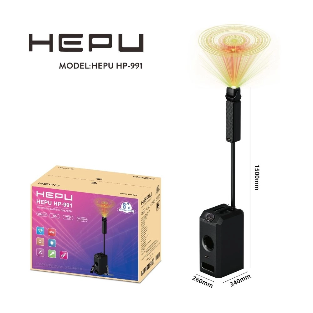 HEPU HP-991 Profesyonel Taşınabilir Ses Sistemi – 8” Subwoofer, 236W Güç, RGB Işık Efektli