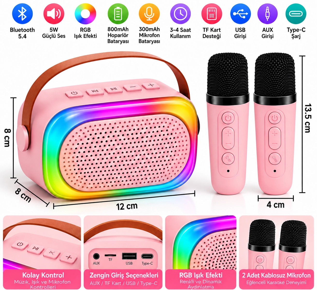 Mini Karaoke Bluetooth Hoparlör 2x Kablosuz Mikrofonlu Rgb Led Işıklı Ses Efektli USB/AUX/TF
