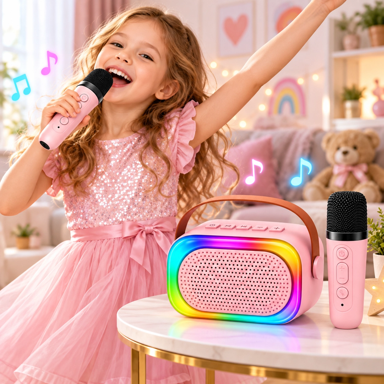 Mini Karaoke Bluetooth Hoparlör 2x Kablosuz Mikrofonlu Rgb Led Işıklı Ses Efektli USB/AUX/TF
