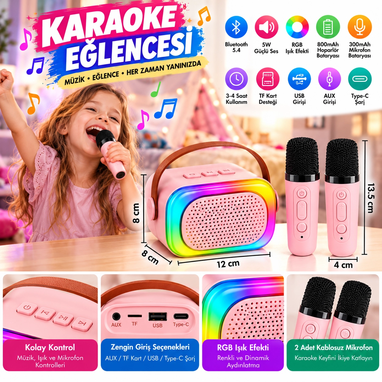 Mini Karaoke Bluetooth Hoparlör 2x Kablosuz Mikrofonlu Rgb Led Işıklı Ses Efektli USB/AUX/TF
