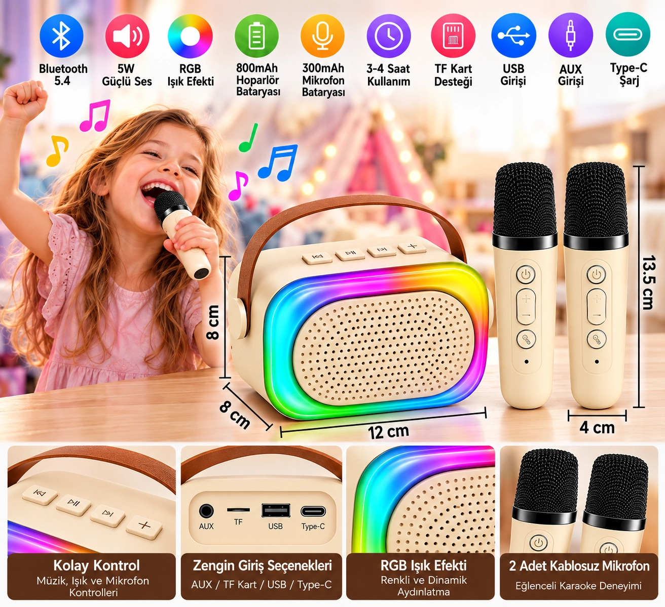 Mini Karaoke Bluetooth Hoparlör 2x Kablosuz Mikrofonlu Rgb Led Işıklı Ses Efektli USB/AUX/TF