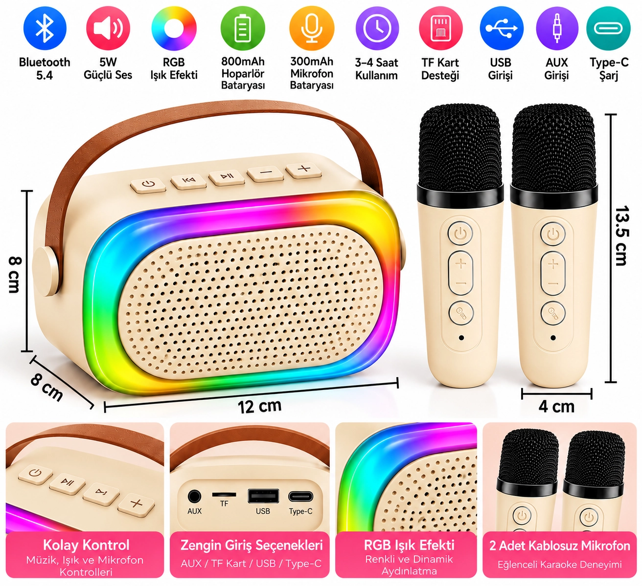Mini Karaoke Bluetooth Hoparlör 2x Kablosuz Mikrofonlu Rgb Led Işıklı Ses Efektli USB/AUX/TF