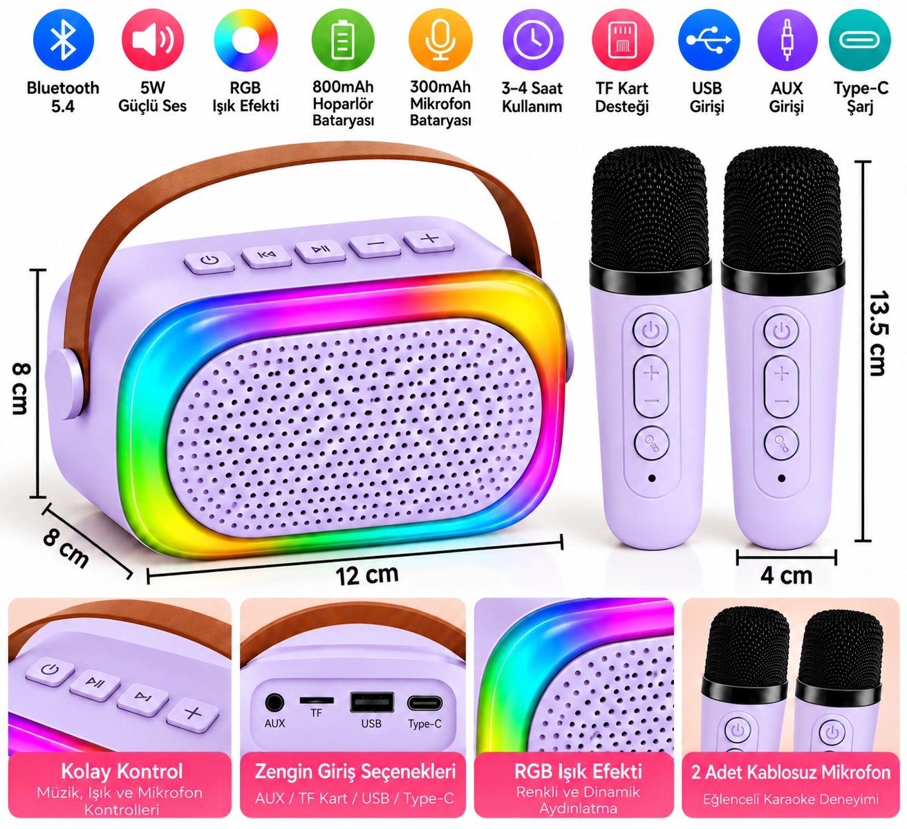 Mini Karaoke Bluetooth Hoparlör 2x Kablosuz Mikrofonlu Rgb Led Işıklı Ses Efektli USB/AUX/TF