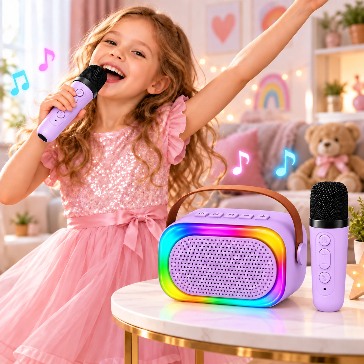 Mini Karaoke Bluetooth Hoparlör 2x Kablosuz Mikrofonlu Rgb Led Işıklı Ses Efektli USB/AUX/TF