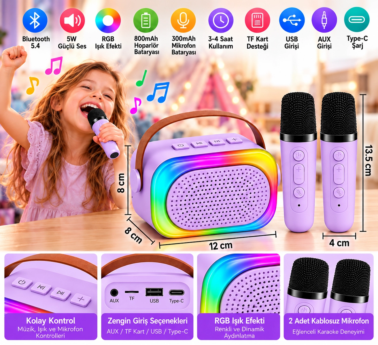 Mini Karaoke Bluetooth Hoparlör 2x Kablosuz Mikrofonlu Rgb Led Işıklı Ses Efektli USB/AUX/TF