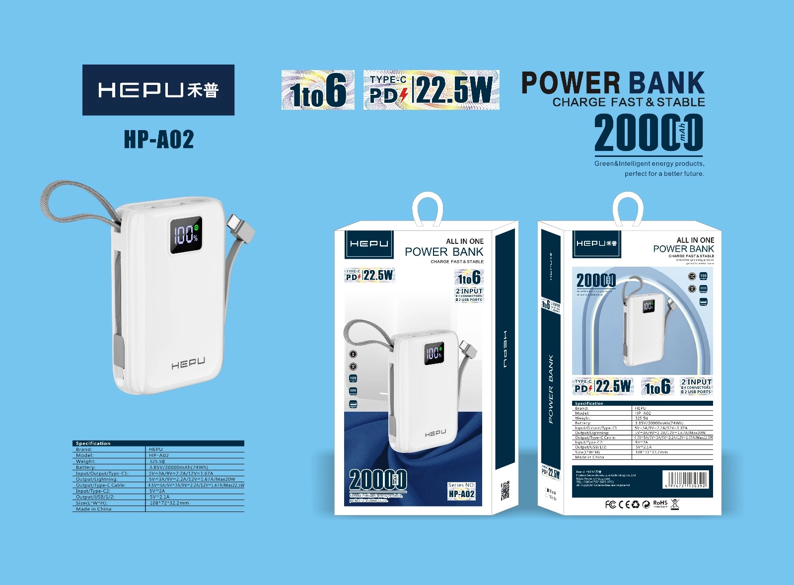 HEPU Hp A-02 20.000 mAh Power Bank 22.5 W PD Hızlı Şarj