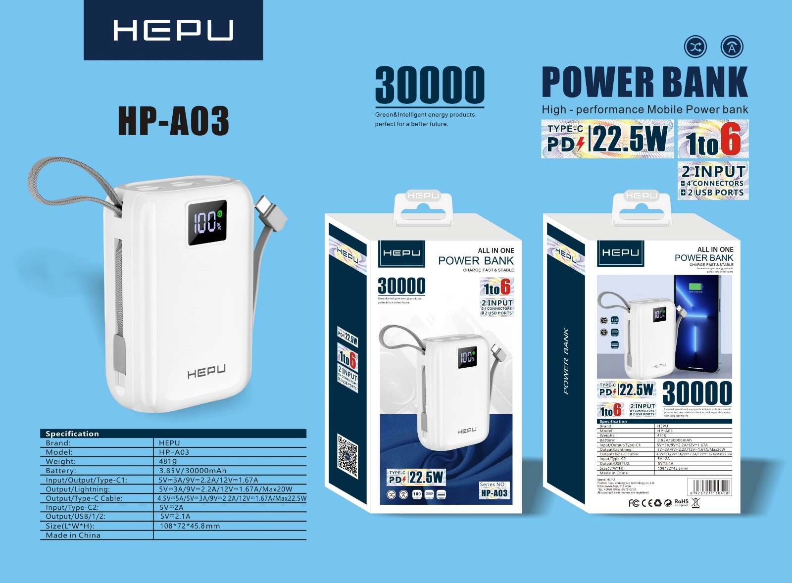 Hepu HP A-03 30.000 mAh Power Bank 22.5W PD Hızlı Şarj 1 To 6