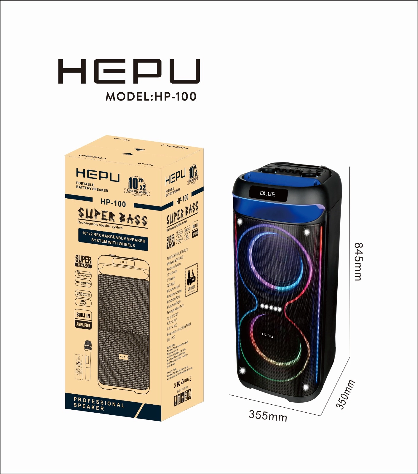 HEPU HP-100 2x10” 60 W Rms Süper Bass Taşınabilir Bluetooth Hoparlör