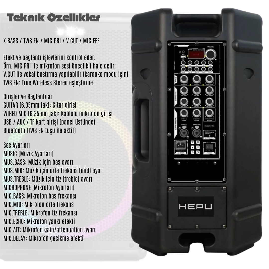HEPU HP-101 15’’ 60 w Rms Rgb Süper Bass Taşınabilir Bluetooth Hoparlör