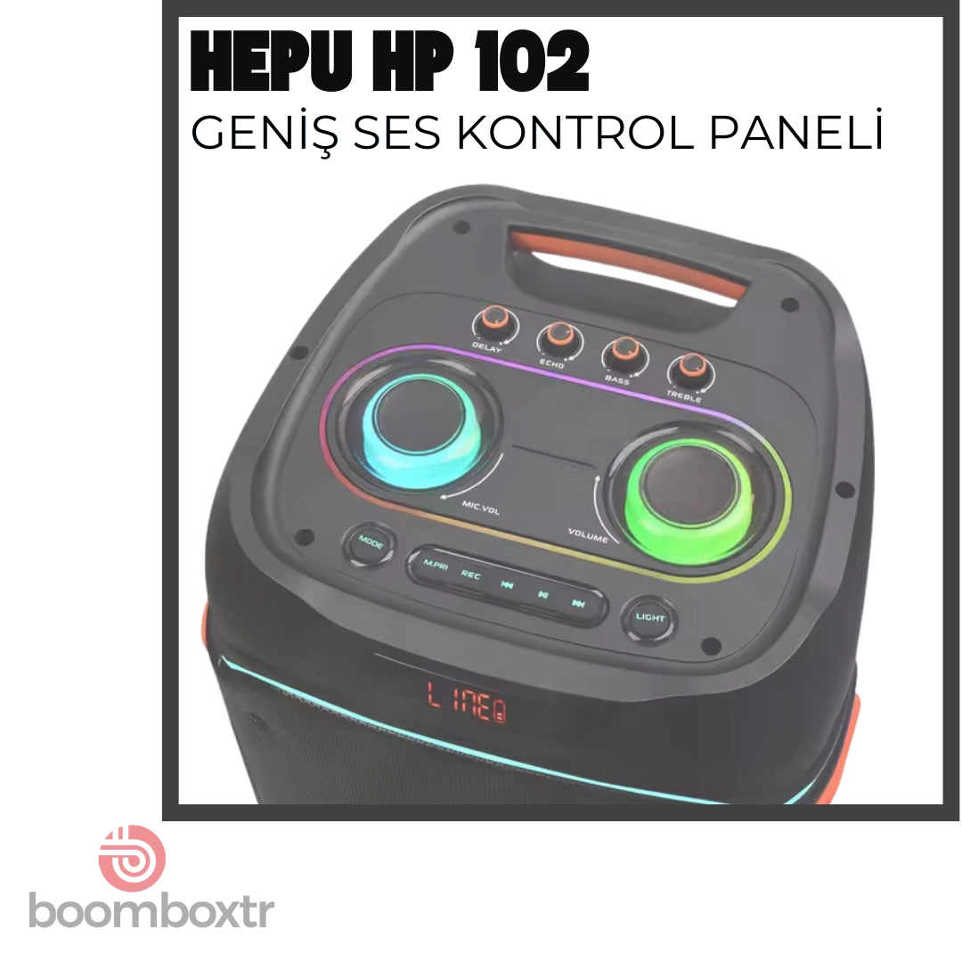 Hepu HP 102 Taşınabilir Şarjlı Bluetooth Hoparlör 2*10 inc Subwoofer Ultra Bass Muhteşem Ses Detayları Rgb Efektif Aydınlatma Usb Aux Tf 
