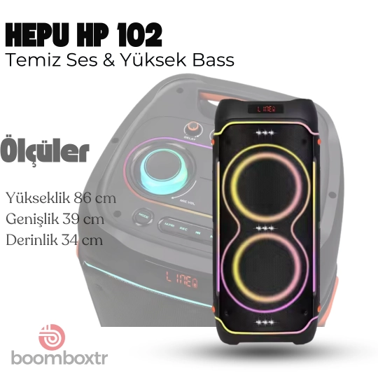 Hepu HP 102 Taşınabilir Şarjlı Bluetooth Hoparlör 2*10 inc Subwoofer Ultra Bass Muhteşem Ses Detayları Rgb Efektif Aydınlatma Usb Aux Tf 
