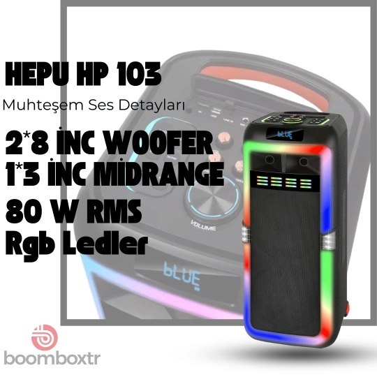Hepu HP 103 Taşınabilir Şarjlı Bluetooth Hoparlör 80 w RMS Ultra Bass 
