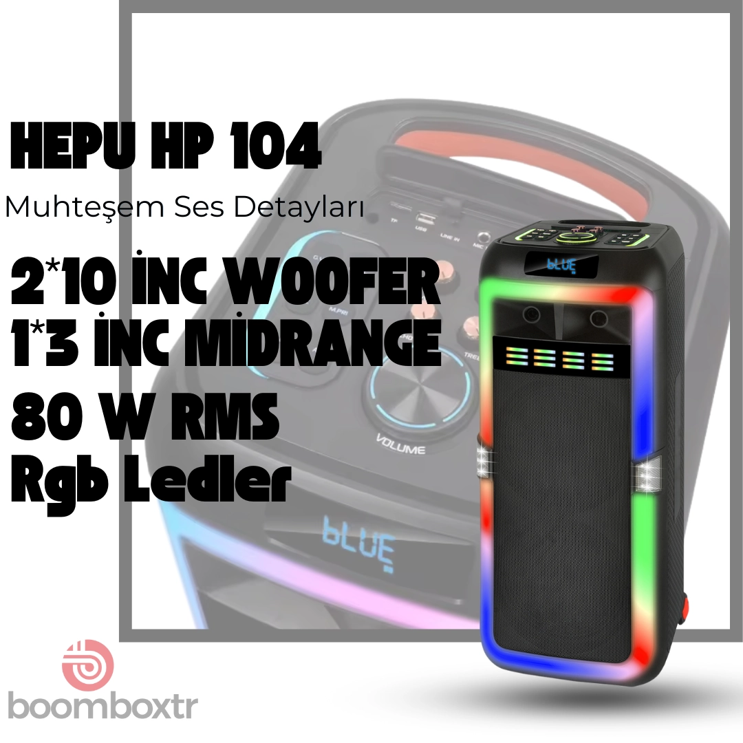 Hepu HP 104 Taşınabilir Bluetooth Hoparlör 80 w Rms 2*10 inc Subwoofer Ultra Bass 