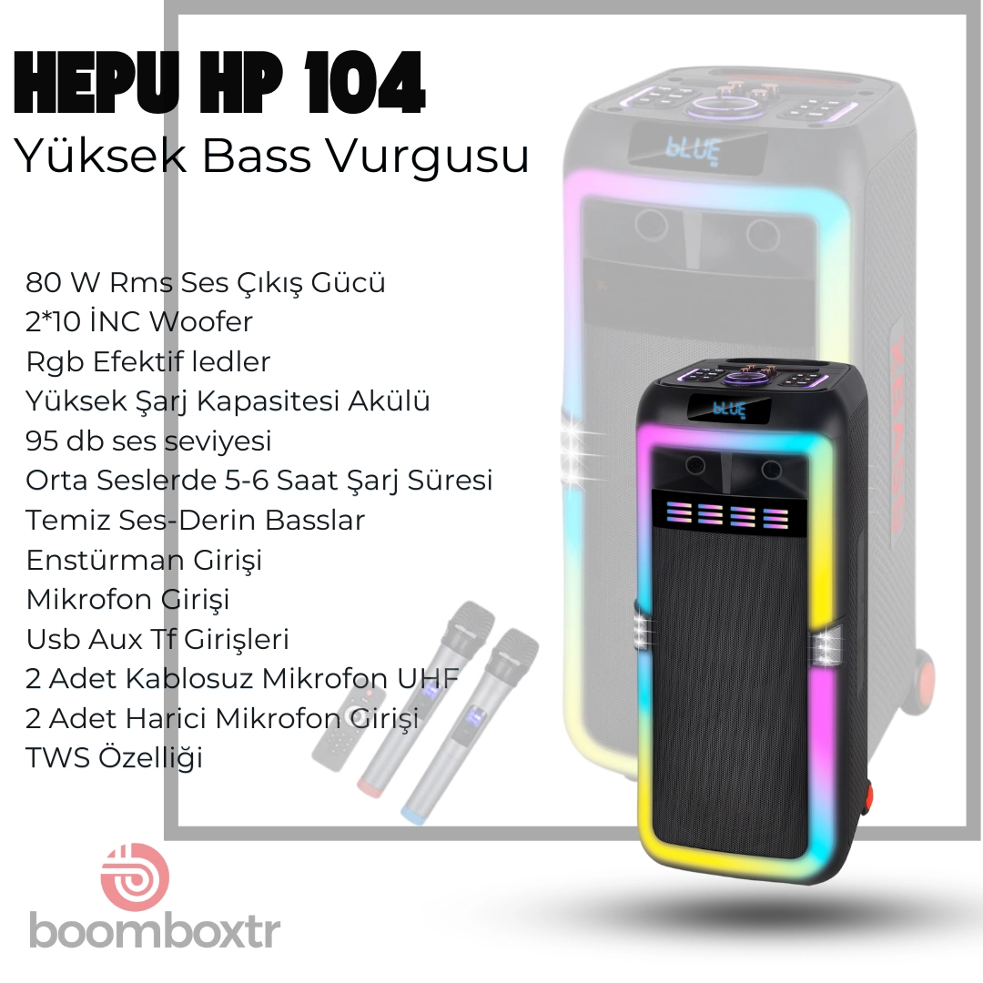 Hepu HP 104 Taşınabilir Bluetooth Hoparlör 80 w Rms 2*10 inc Subwoofer Ultra Bass 