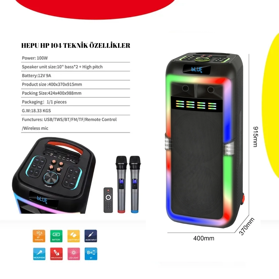 Hepu HP 104 Taşınabilir Bluetooth Hoparlör 80 w Rms 2*10 inc Subwoofer Ultra Bass 