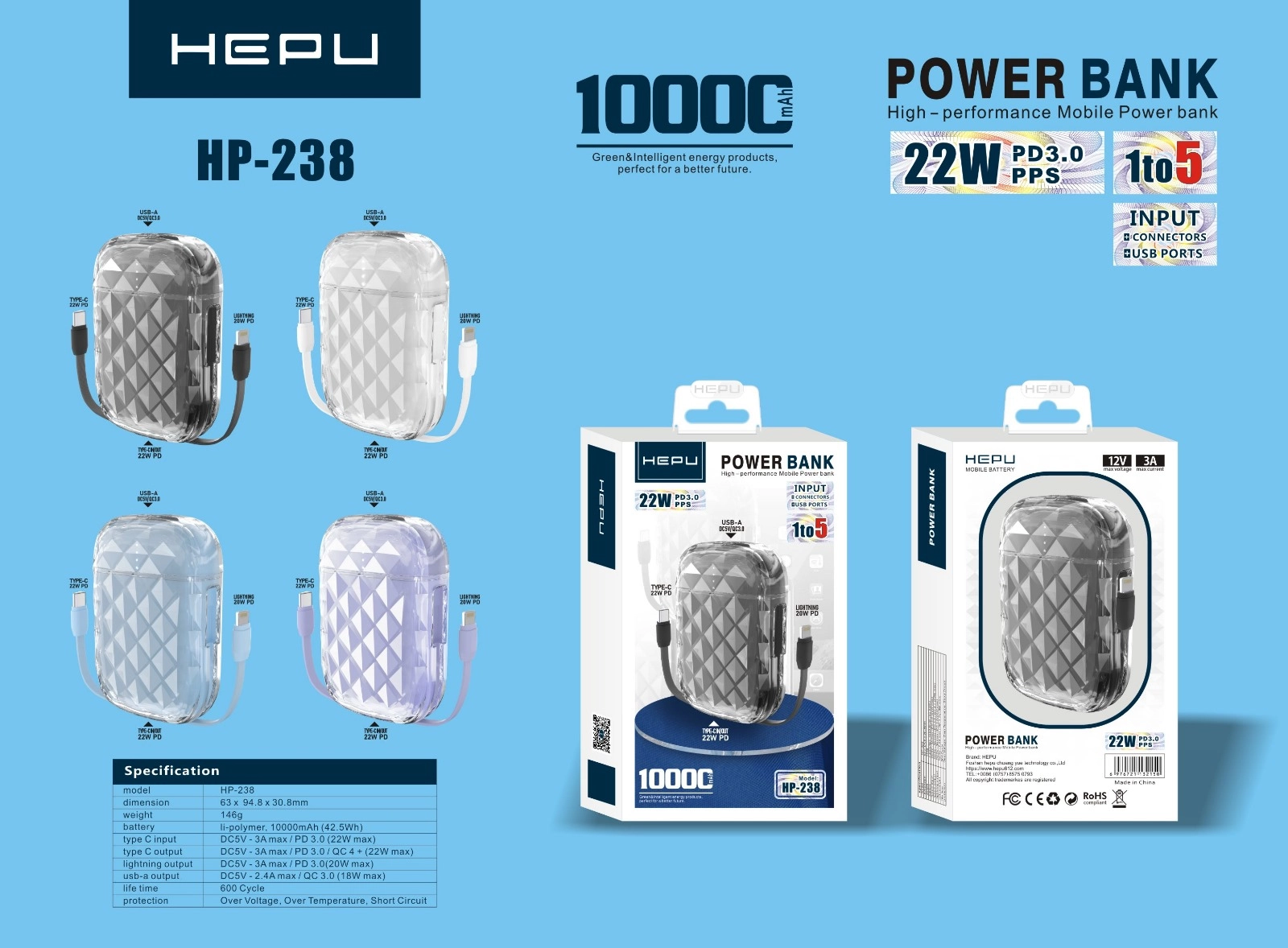 Hepu HP-238 Powerbank 10.000 mAh 22w PD3 Hızlı Şarj Typc-e,Lightning,Usb A
