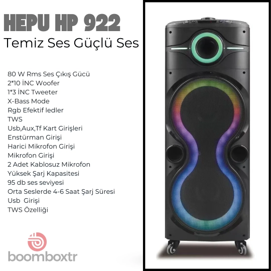 HEPU HP-922 Bluetooth Hoparlör | 10” Çift Woofer Bass