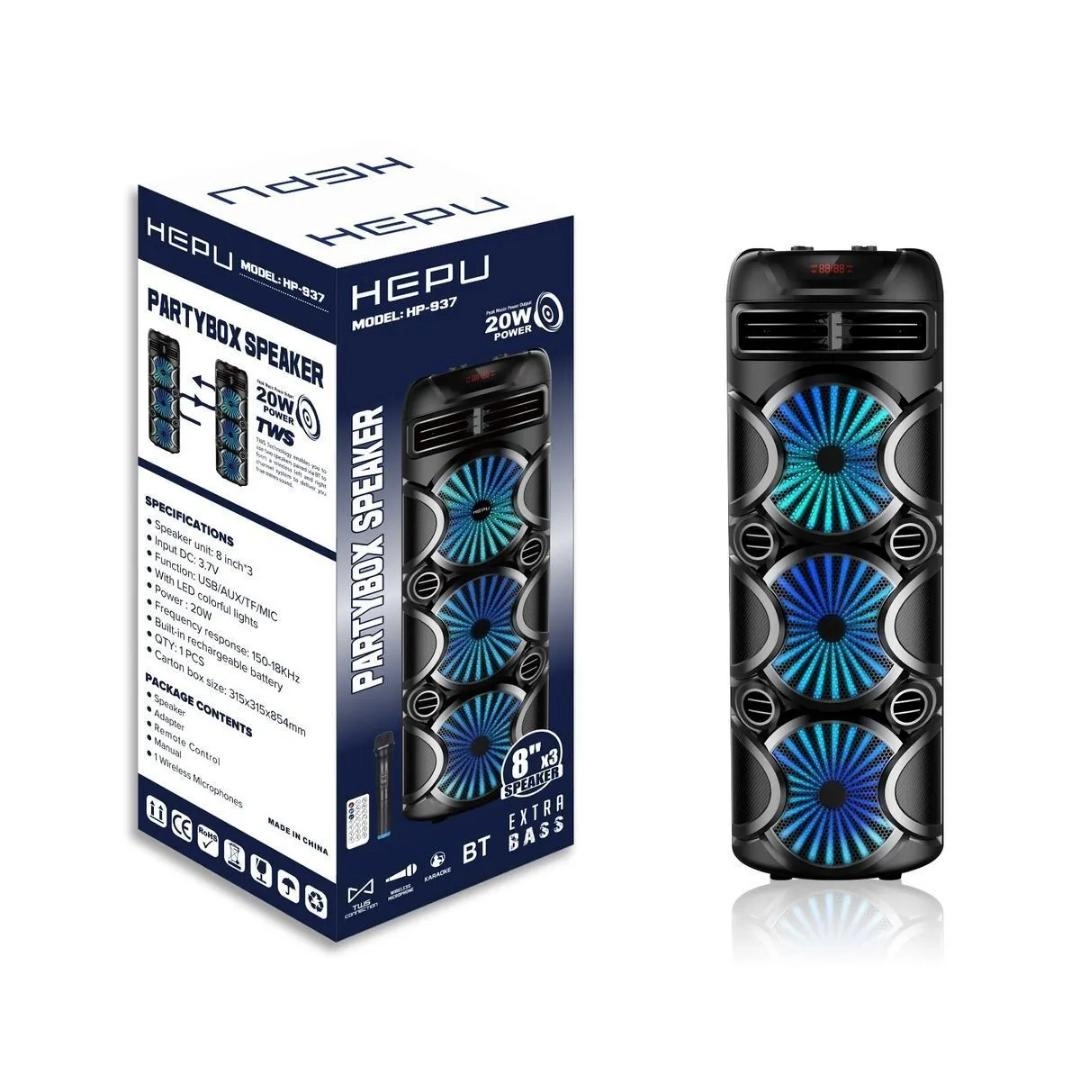 Hepu HP 937 Taşınabilir Bluetooth Hoparlör 3*8 İnc Subwoofer Kablosuz Mikrofon Karaoke Usb,Aux,Tf 